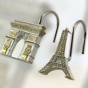 Paris Eiffel Tower Shower Hooks Arc de Triomphe French Resin White Gold 12 PC
